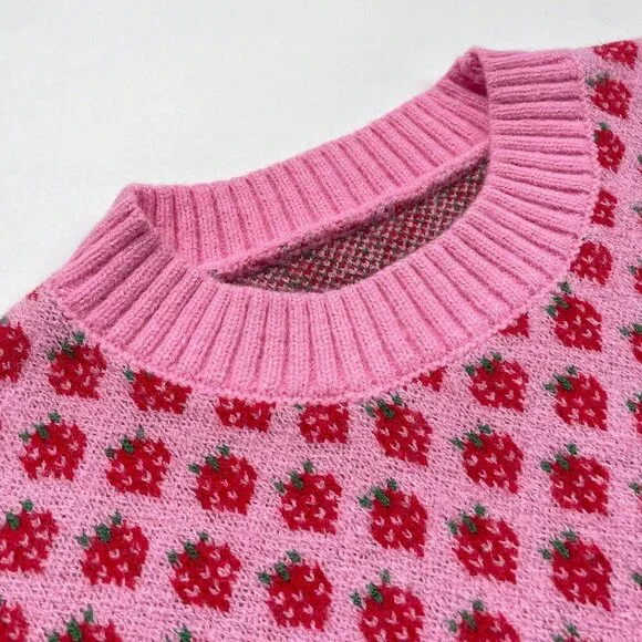 Multicolor Casual Women's Oversized Strawberry Crew Neck Sweater - Picture 6 of 7